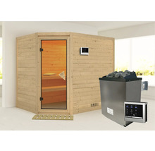 Complete sauna-installatie met kachel, bediening en houten elementen