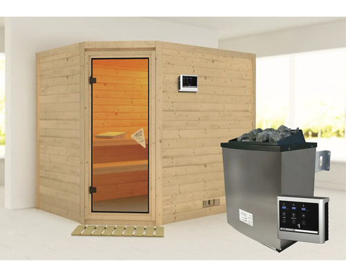 Complete sauna-installatie met kachel, bediening en houten elementen