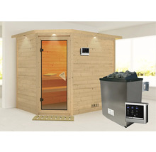 Houten sauna met kachel en bediening