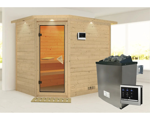 Houten sauna met kachel en bediening