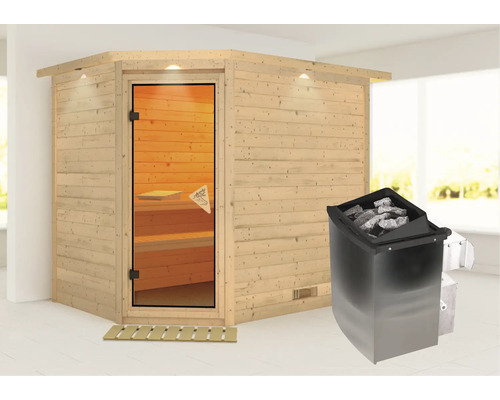 Houten hoeksauna met glazen deur en saunakachel
