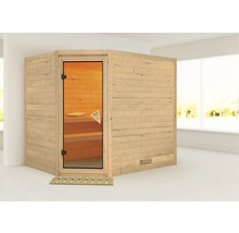 Hoeksauna met glazen deur en houten bekleding