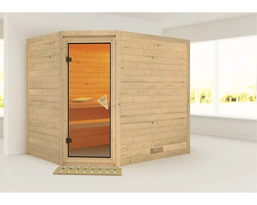 Hoeksauna met glazen deur en houten bekleding