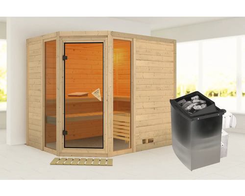 Hoeksauna van hout met glazen deur en saunakachel met stenen