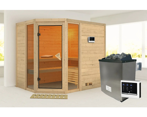 Houten sauna met kachel en bediening
