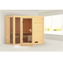 Vrijstaande houten sauna met glazen deur en ramen
