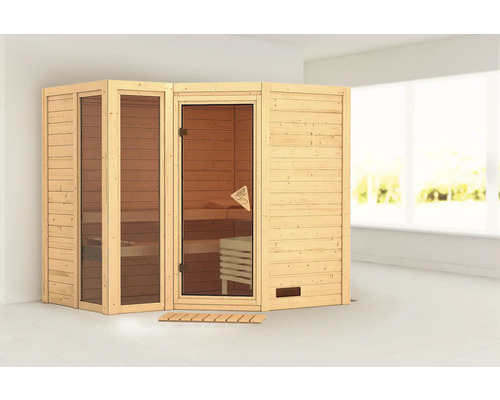 Vrijstaande houten sauna met glazen deur en ramen