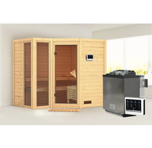 Sauna met glazen voorkant, saunakachel en besturingseenheid voor binnenshuis