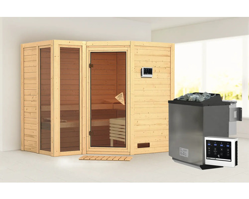 Sauna met glazen voorkant, saunakachel en besturingseenheid voor binnenshuis