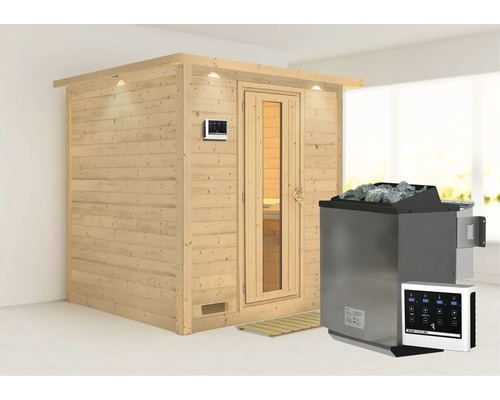Houten sauna met kachel en bediening