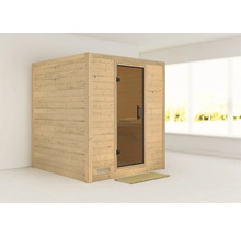 Houten sauna met glazen deur en houten rooster