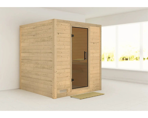Houten sauna met glazen deur en houten rooster
