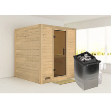 Houten sauna met saunakachel in de kamer