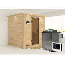 Houten sauna met glazen deur en sauna kachel met stenen