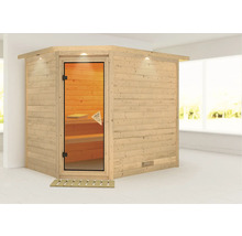 Houten sauna met glazen deur en binnenverlichting