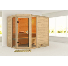 Houten hoeksauna met glazen deur en banken