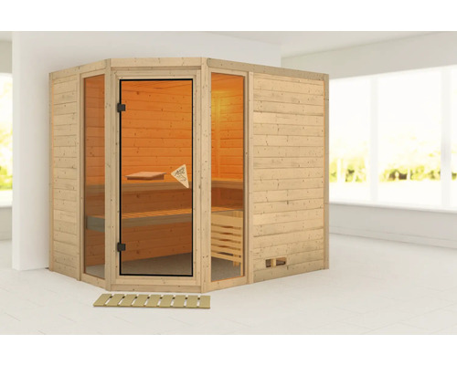 Houten hoeksauna met glazen deur en banken