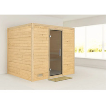 Houten sauna met glazen deur en houten rooster