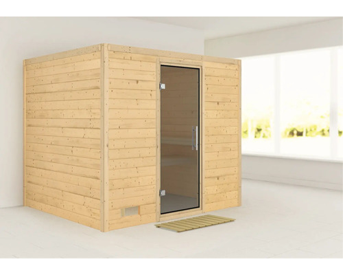 Houten sauna met glazen deur en houten rooster