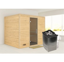 Houten sauna met glazen deur en saunakachel met saunastenen
