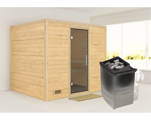 Houten sauna met glazen deur en saunakachel met saunastenen