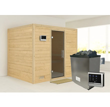 Houten sauna met glazen deur en saunakachel