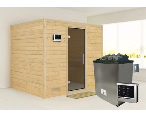 Houten sauna met glazen deur en saunakachel
