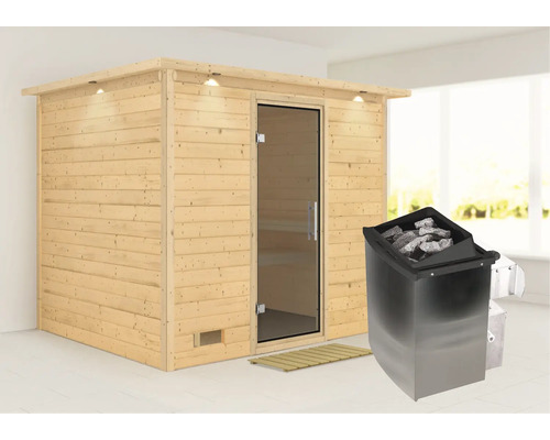 Houten sauna met glazen deur en saunakachel