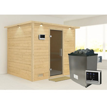Houten sauna met glazen deur, saunastenen en bedieningspaneel