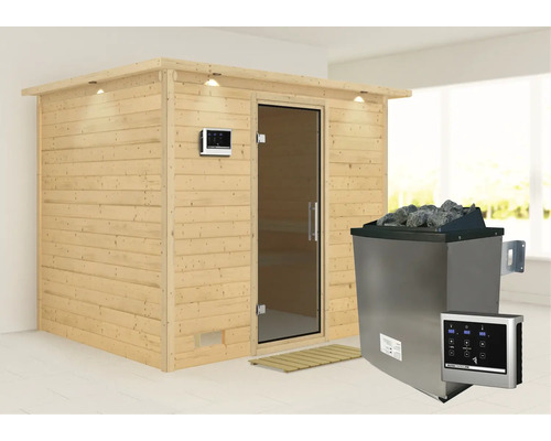 Houten sauna met glazen deur, saunastenen en bedieningspaneel