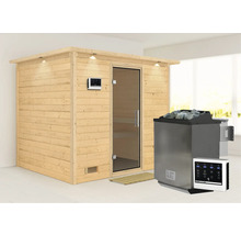 Houten sauna met glazen deur en saunakachel met stenen