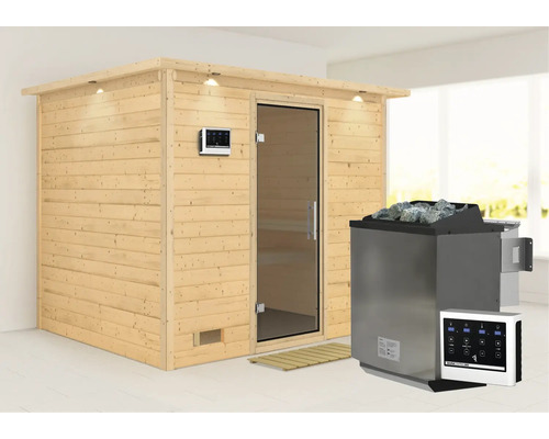 Houten sauna met glazen deur en saunakachel met stenen