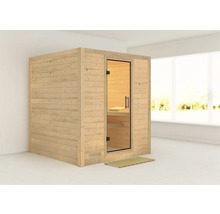 Houten sauna met glazen deur en houten rooster