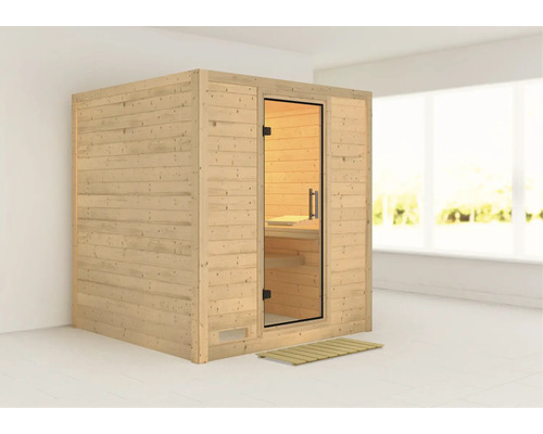 Houten sauna met glazen deur en houten rooster