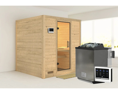 Houten sauna met kachel en bediening