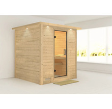 Houten sauna met glazen deur en houten rooster
