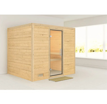 Houten sauna met glazen deur en houten mat