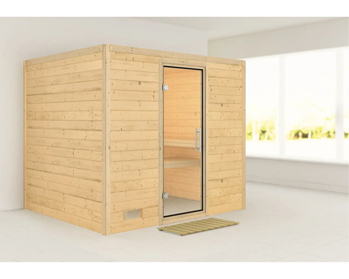 Houten sauna met glazen deur en houten mat