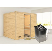 Houten sauna met glazen deur en saunakachel