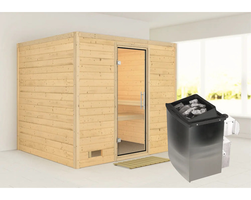 Houten sauna met glazen deur en saunakachel