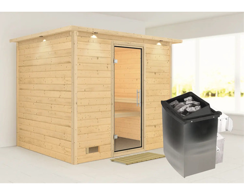 Sauna met saunakachel en glazen deur