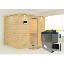 Houten sauna met glazen deur, stenen en digitale bediening