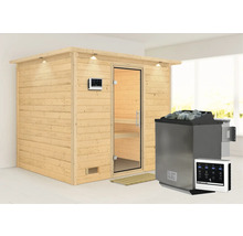 Sauna met houten wanden, glazen deur en saunakachel