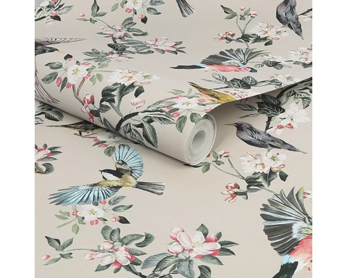 Behang met vogel- en bloemmotief
