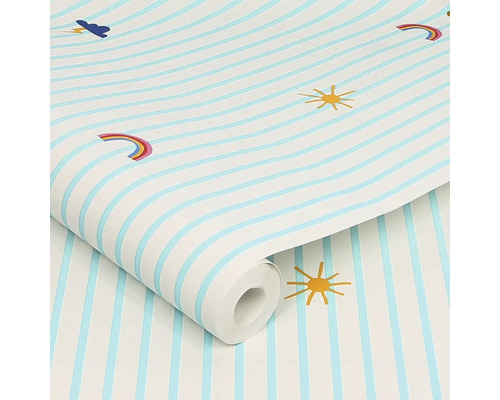 Rol behang met strepen, zon, regenboog en wolken motief