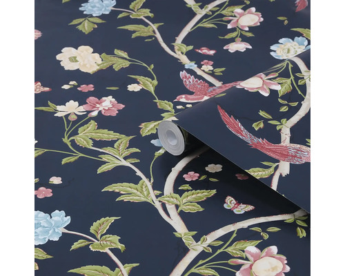 Behangrol met bloemen-, vogel- en vlindermotief