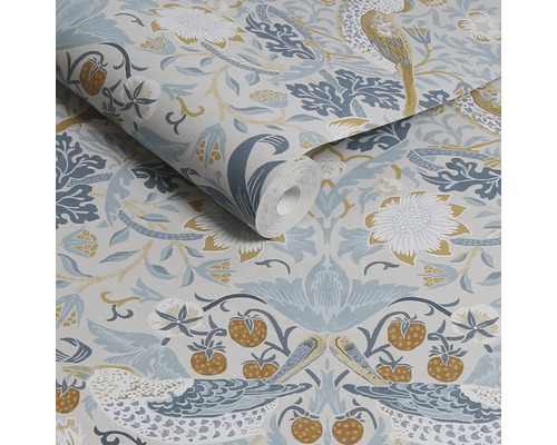 Behang met vogel-, bloem- en aardbeienmotief