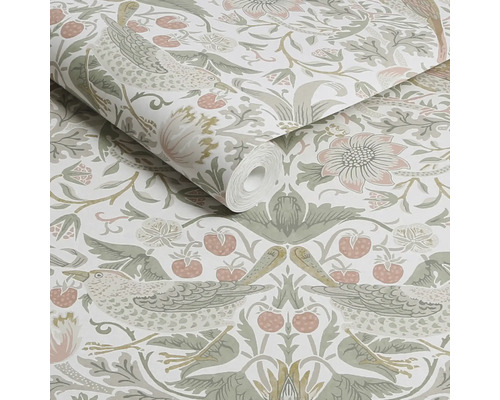 Rol behang met bloemen-, vogel- en aardbeienmotief