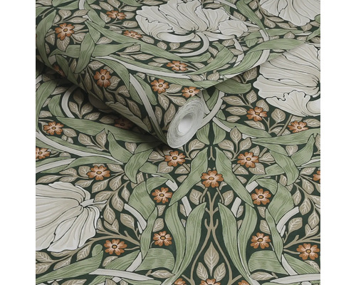 Behangrol met bloemmotief in groene en beige tinten