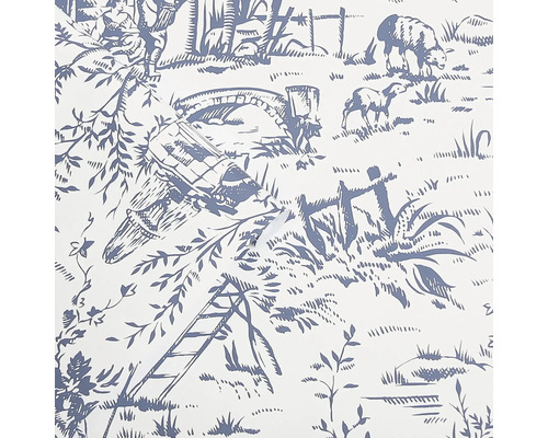 Detailopname van een behang met een landelijk motief, met schapen, een brug en een ladder